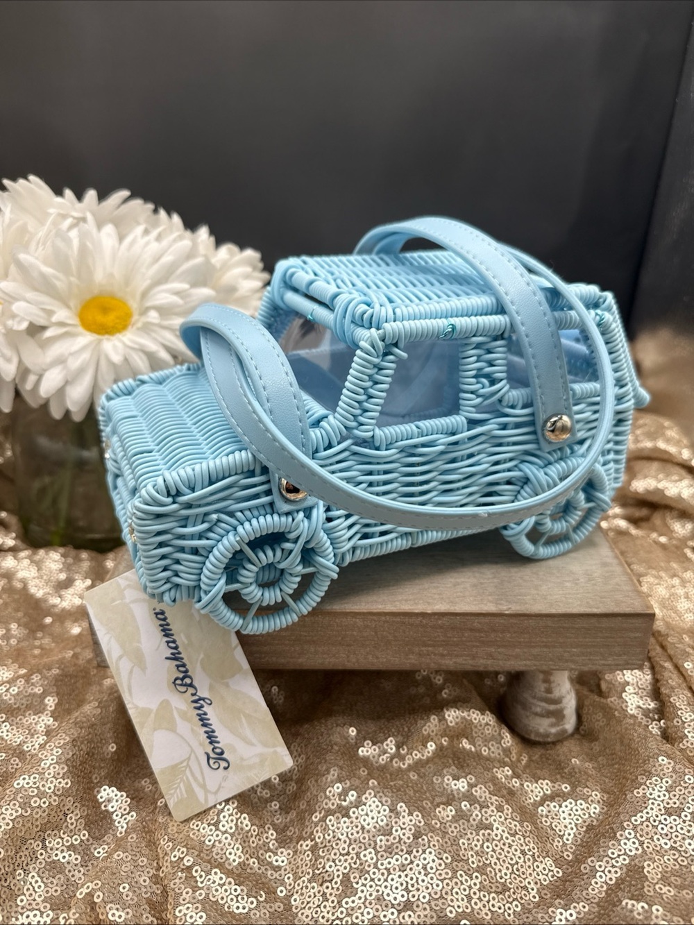 Tommy Bahama Baby Blue Woven Car Bag NWT